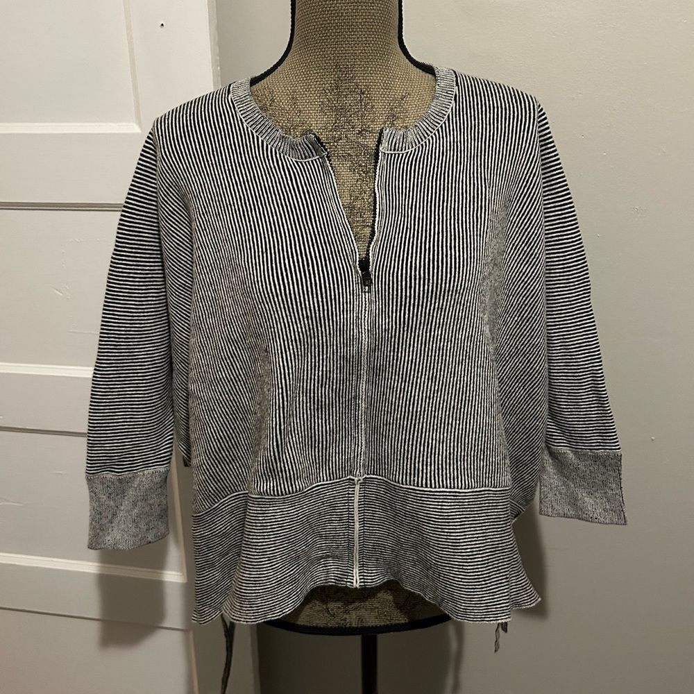 CAbi Black and White Striped Zip Up Sweater